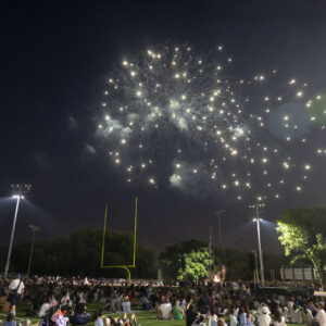A crowd watching the firework display