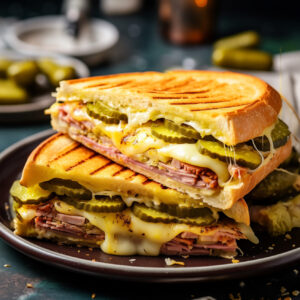 Close-up of a single serving of an authentic Cuban sandwich, mounds of pork shoulder and sliced ham alternating between layers of Swiss cheese and tart pickles.