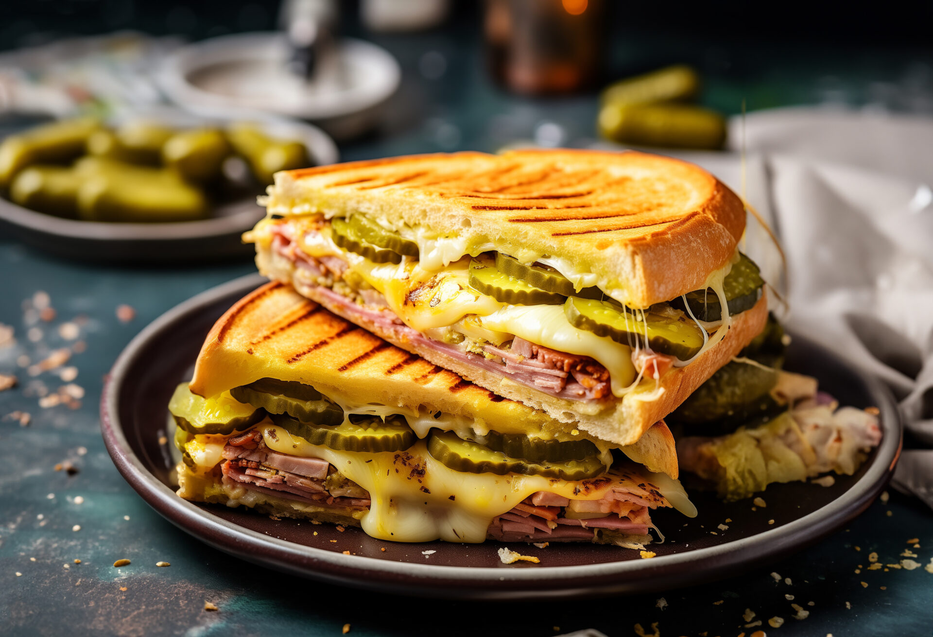Close-up of a single serving of an authentic Cuban sandwich, mounds of pork shoulder and sliced ham alternating between layers of Swiss cheese and tart pickles.